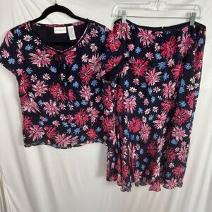 Liz Claiborne Womens 2 Piece Skirt Set Size 12 Floral Print Short Sleeves Lined